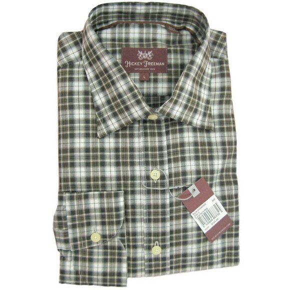NEW $195 Hickey Freeman Button Front Shirt! Brown White Black Gray Plaid - Picture 1 of 1